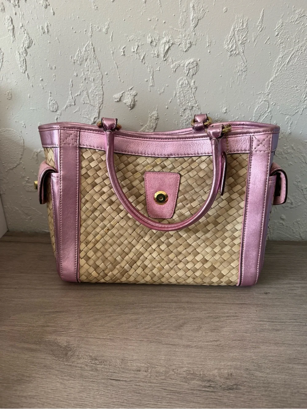 Coach Vintage 2004 Pink Straw Tote Bag - Style 4419